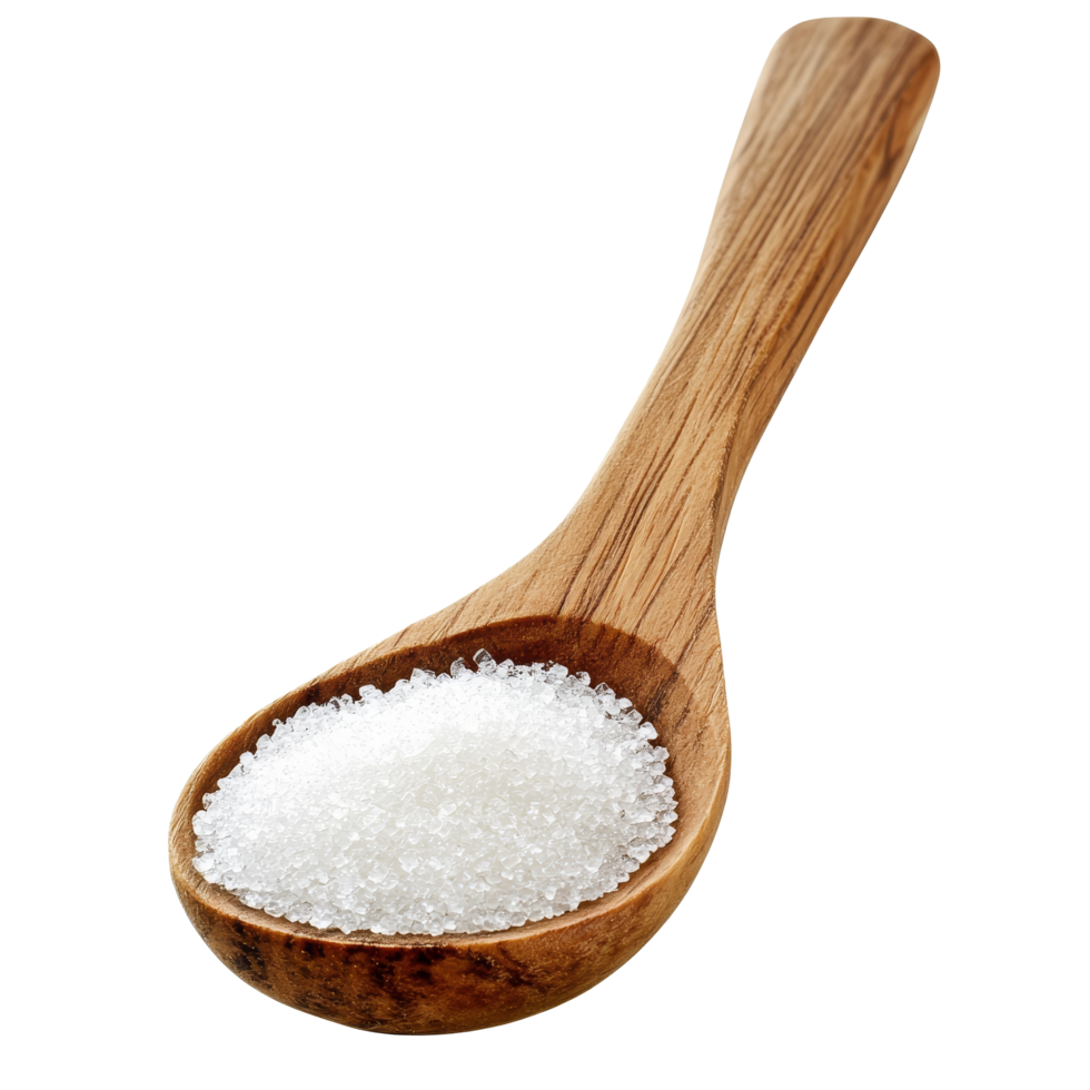 Sugar granules in a wooden spoon isolated on a transparent background showcasing a natural kitchen element, sugar in wood spoon isolated on transparent background png