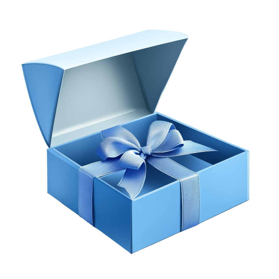 A beautiful blue gift box with a ribbon sits open, revealing its empty interior in bright lighting, Blue open gift box with ribbon png