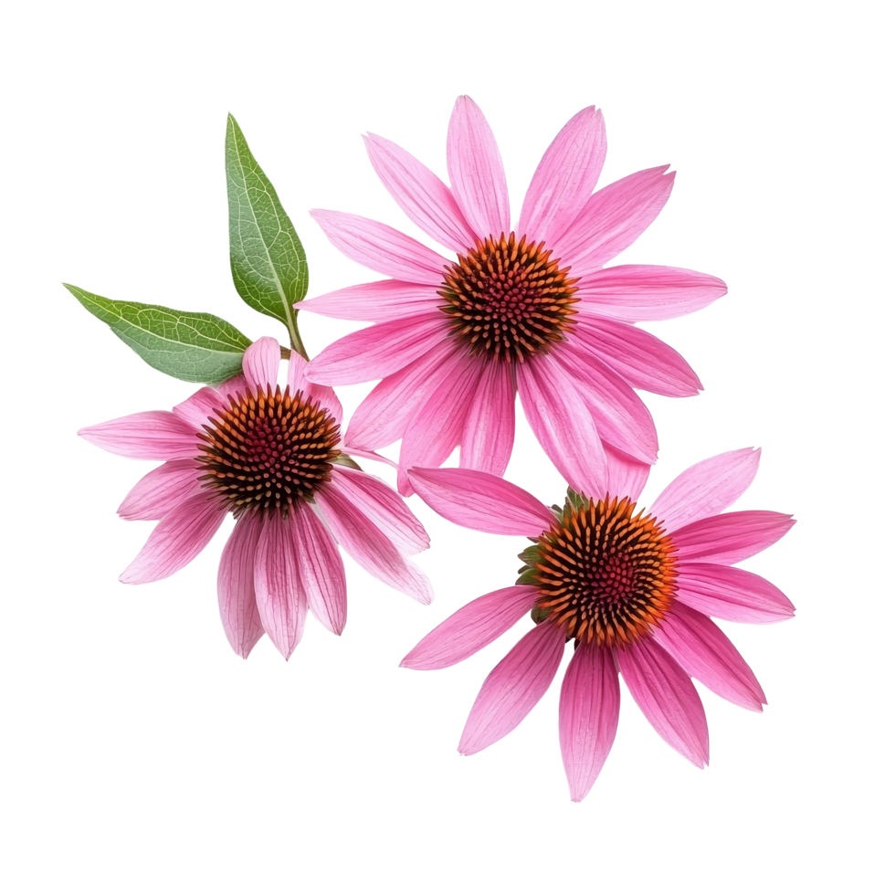 Beautiful coneflower blossoms displayed on a transparent background highlighting their vibrant pink petals and striking central cones, coneflower flowers isolated on transparent background png