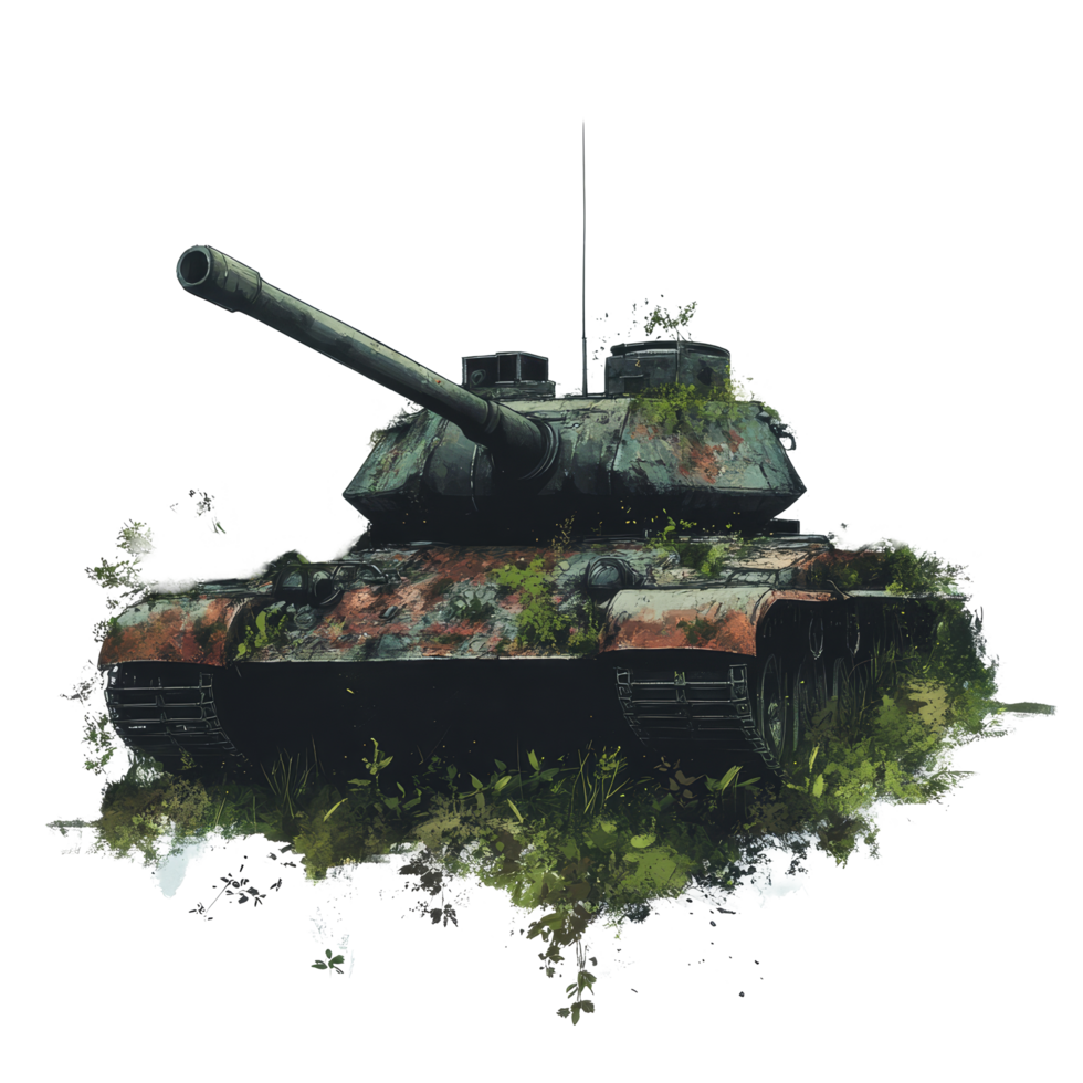 Rusting tank in overgrown surroundings illustrating nature reclaiming military relic at an isolated location, tank isolated png