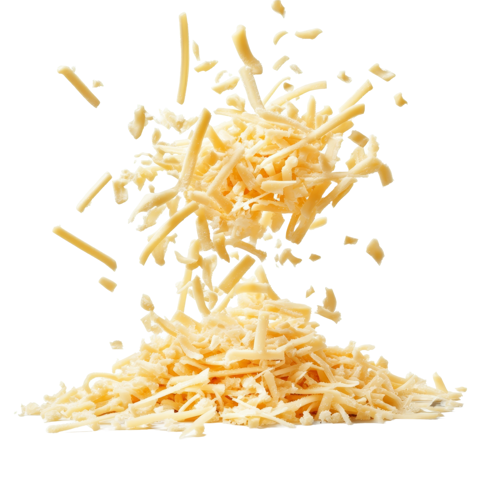 Falling grated cheese creates a dynamic display against a clean transparent background during food preparation, Falling grated cheese on transparent background png