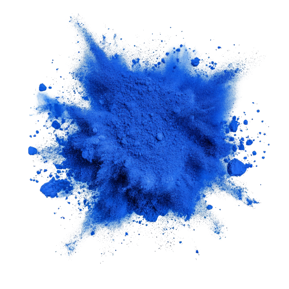 Indigo blue powder bursts in a dynamic explosion creating a vivid cloud on a transparent background, indigo blue color powder pulver explosion isolated on transparent background png