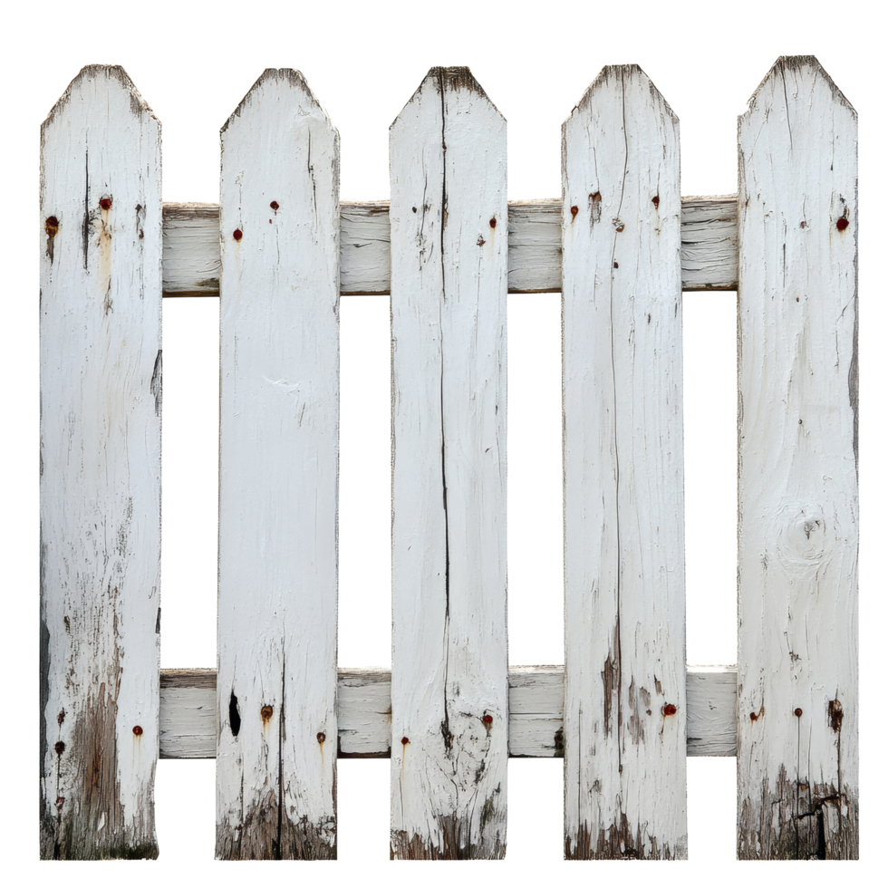 Old rustic transparent wooden fence with peeling paint against a bright transparent background, showcasing weathered charm, old painted transparent wooden fence on transparent background, png