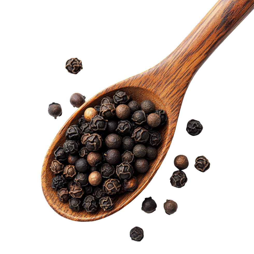 Black peppercorns in a wooden spoon on a transparent background highlighting their rich texture and flavor, Black pepper corns in wood spoon isolated on transparent background top view png