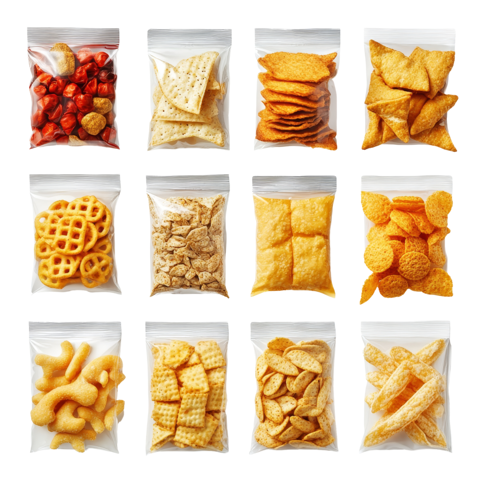 Variety of snack packaging arranged neatly in rows, showcasing delicious treats ready for enjoyment, Snack packaging isolated png