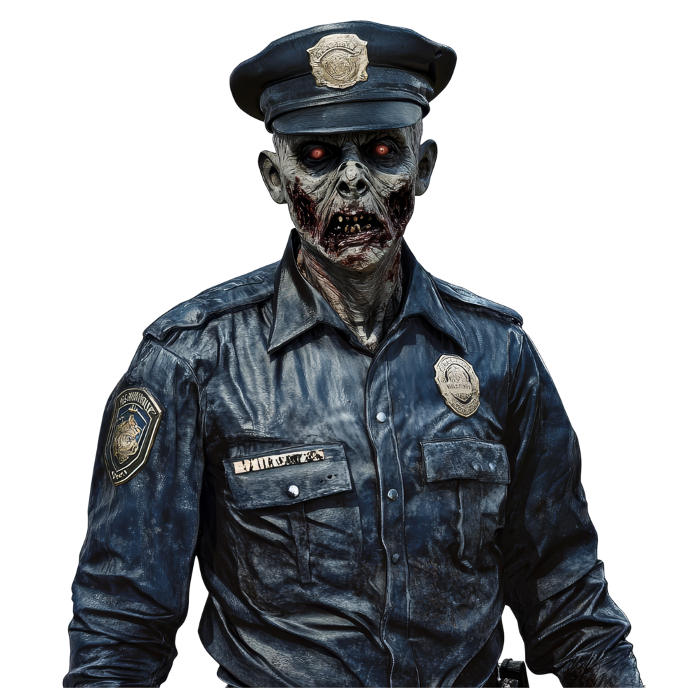 A menacing zombie police officer stands guard in an eerie, isolated setting against a bright transparent background, Police officer zombie isolated on transparent background png