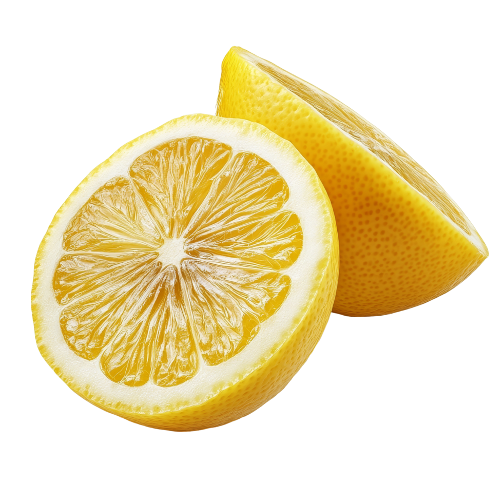Fresh lemon and a half slice on a clean transparent background for culinary uses and flavor enhancement, Lemon and cut half slice isolated on transparent background png