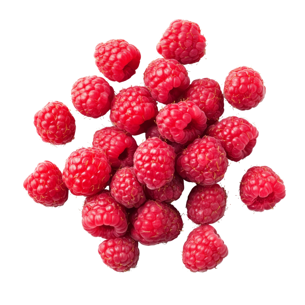 Fresh organic raspberries arranged on a clean transparent background showcasing vibrant color and texture, Organic fresh raspberry fruits transparent background png