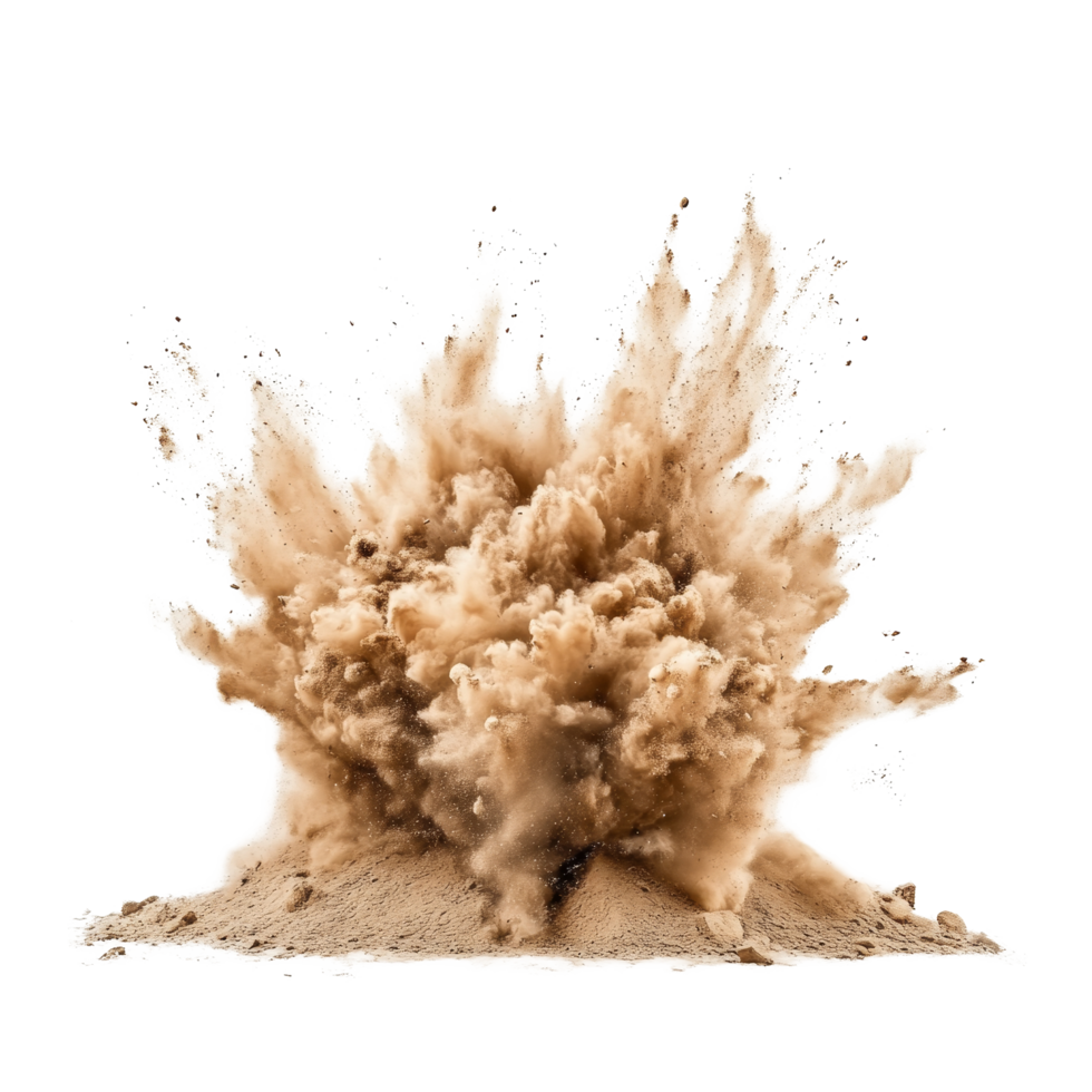 Desert sand explosion creating a dynamic cloud on a transparent background, pile desert sand explosion isolated on transparent backgroundfile png