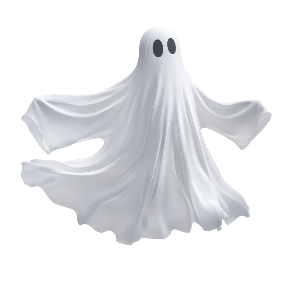 A playful flying ghost in a transparent sheet ready to celebrate Halloween festivities at night, flying halloween ghost in a transparent sheet, file of isolated object on transparent background png