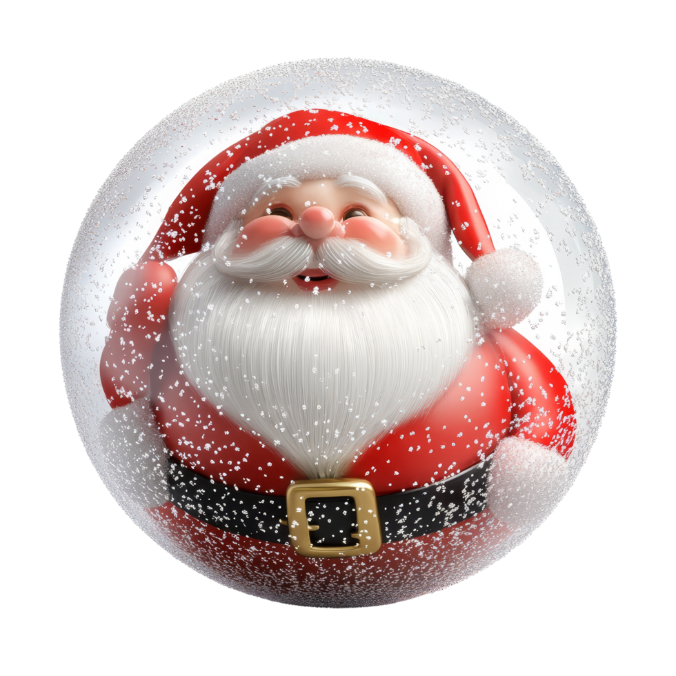 A cheerful Santa Claus figurine inside a snow globe, capturing the essence of Christmas surrounded by sparkling snowflakes, christmas snow ball with Santa Claus isolated on transparent background png
