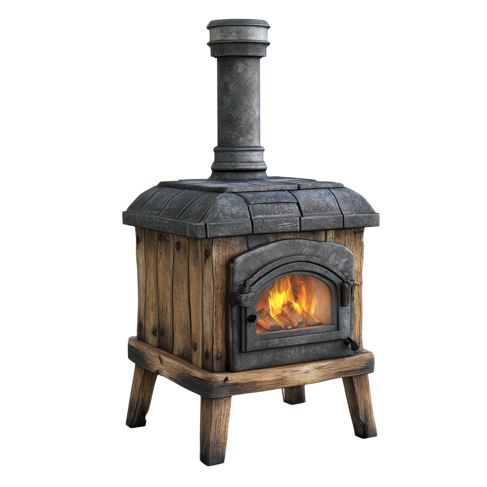 Rustic woodburning stove on a transparent background, highlighting its warm flame and craftsmanship, Wood Burning Stove Isolated on transparent background png