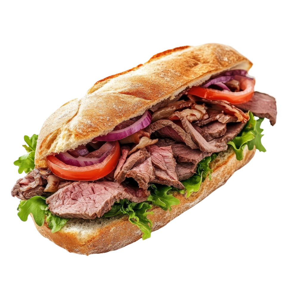 Delicious roast beef sandwich loaded with fresh lettuce, tomatoes, and onions, presented on a transparent background, Sandwich made from roast beef isolated on transparent background png