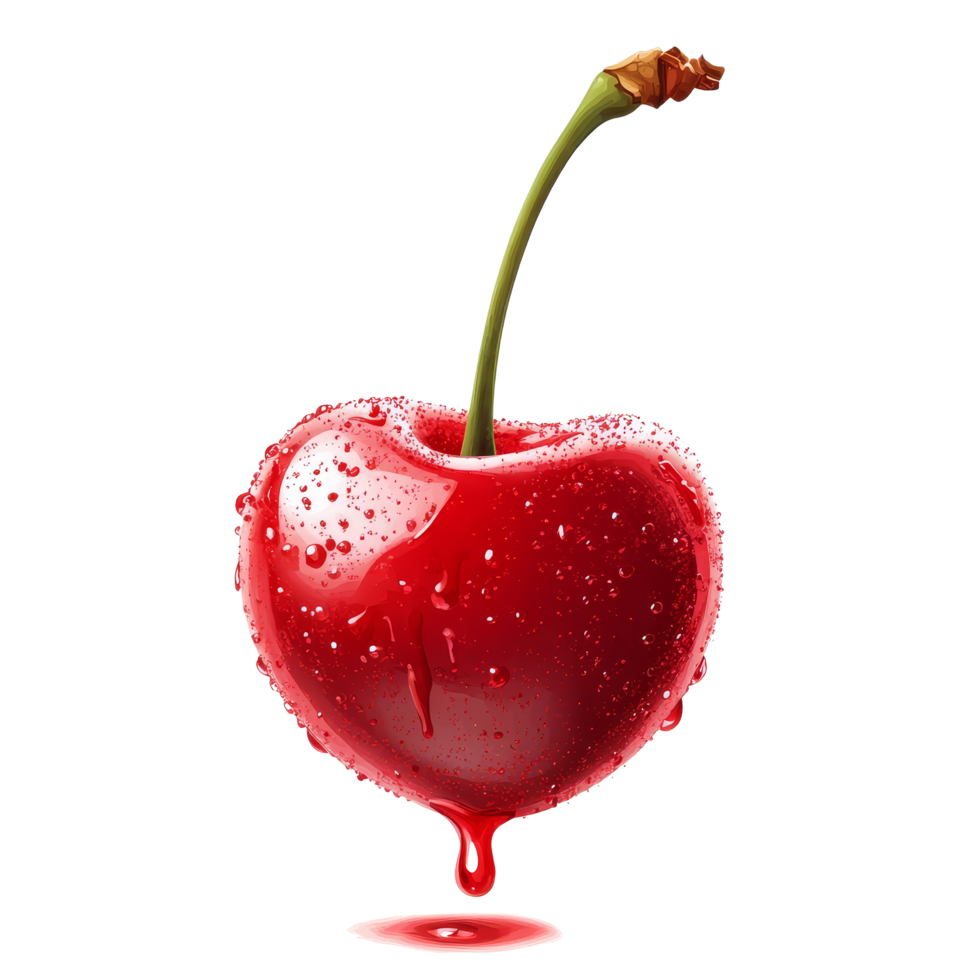 Juicy half ripe red cherry with droplets of juice dripping, isolated on a transparent background for freshness appeal, half ripe red cherry with juice dripping isolated on transparent background png