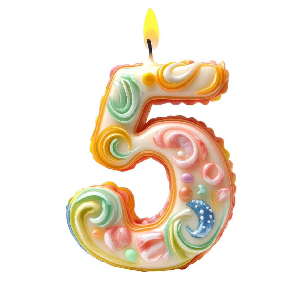 Colorful birthday number five candle with flame isolated on transparent transparent background, 5 birthday, number candles with light, isolated on transparent background, transparent background png