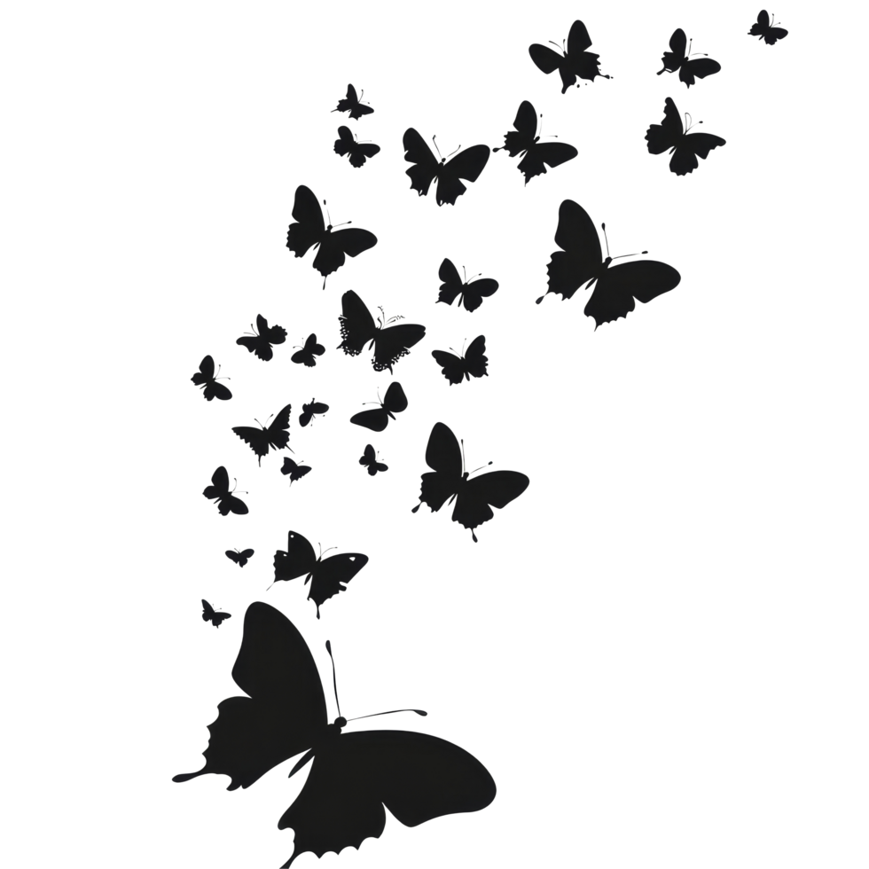 Black butterfly silhouettes dance gracefully against a transparent background, showing elegance and charm, Butterflies silhouette black background on transparent background png