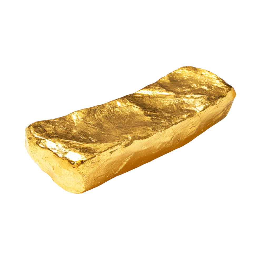 A shiny gold ingot resting on a clean, transparent background showcasing its smooth, reflective surface, Gold ingot on a transparent background png