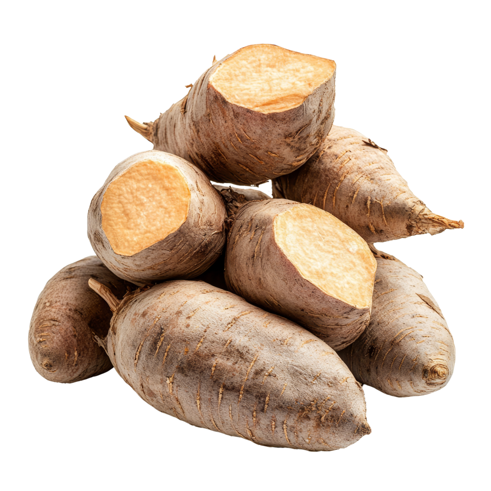 Fresh yams piled neatly on a transparent background showcasing their natural texture and shape for culinary inspiration, yams isolated on transparent background png
