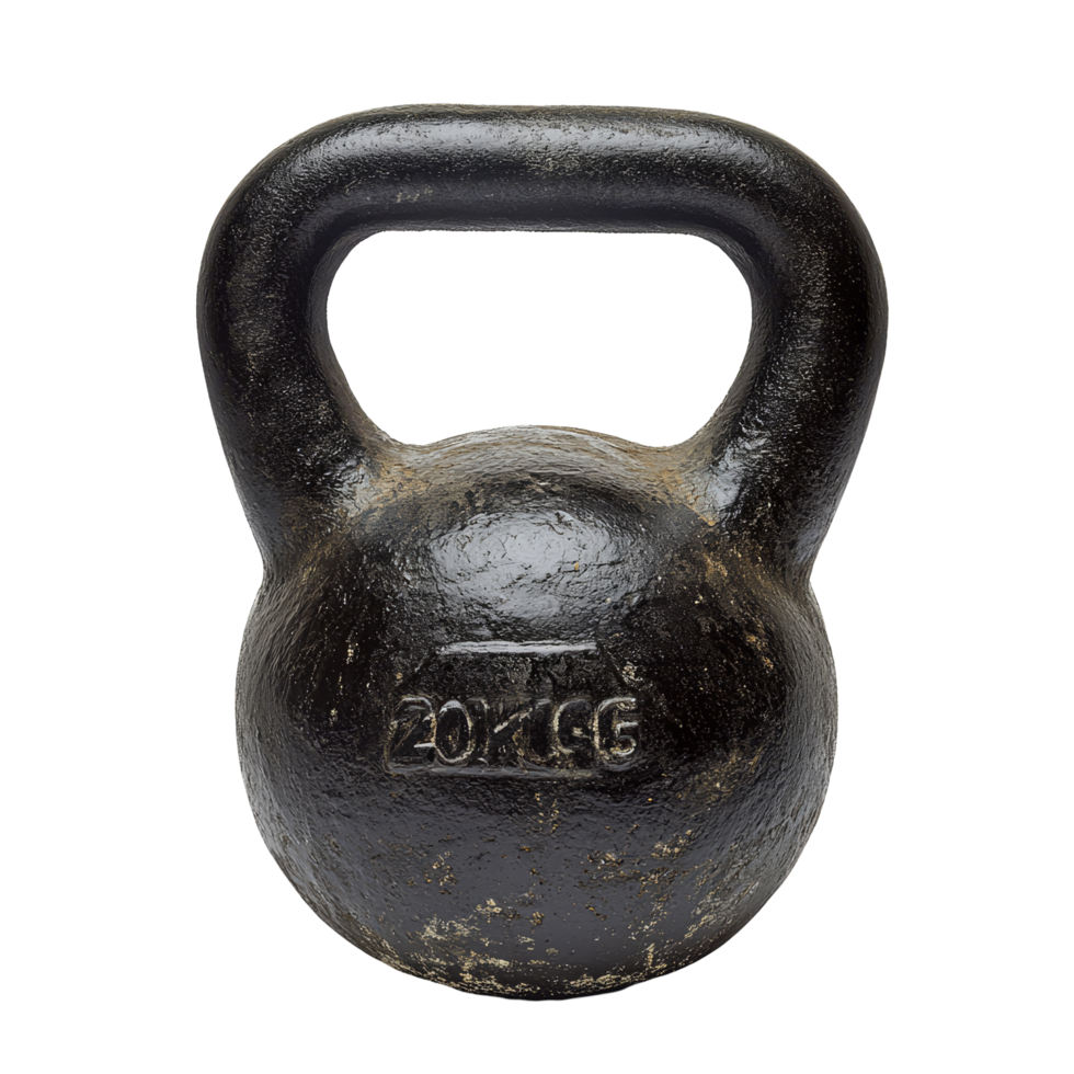 Black kettlebell isolated on a transparent background suitable for fitness training and strength workouts, Kettlebell 20kg Isolated on transparent background png