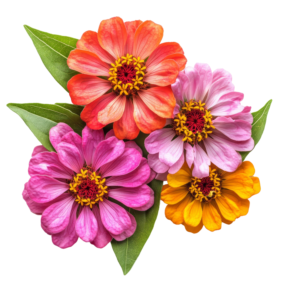 Vibrant zinnia flowers in assorted colors isolated on a clean transparent background showcasing natural beauty and elegance, zinnia flowers isolated on transparent background png