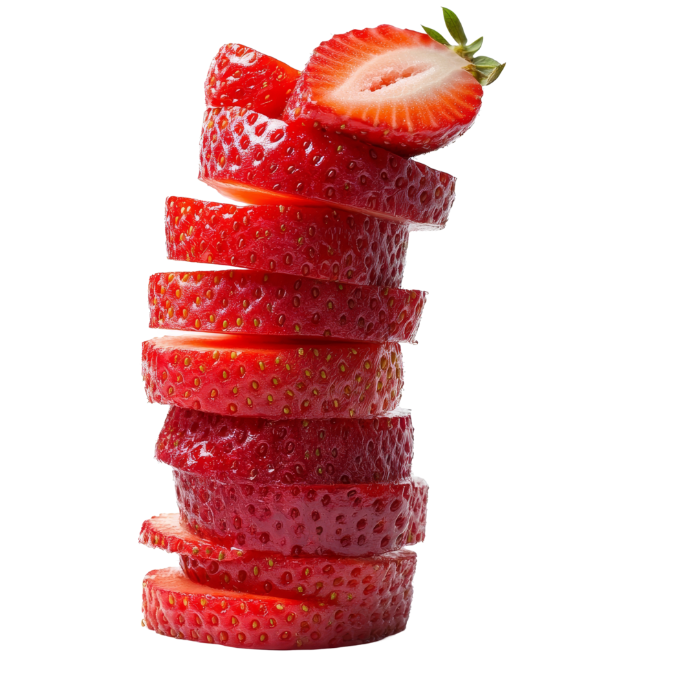 Freshly sliced strawberries are stacked in a vertical arrangement, each slice revealing its juicy, red interior, stack of sliced strawberries isolated on transparent background png