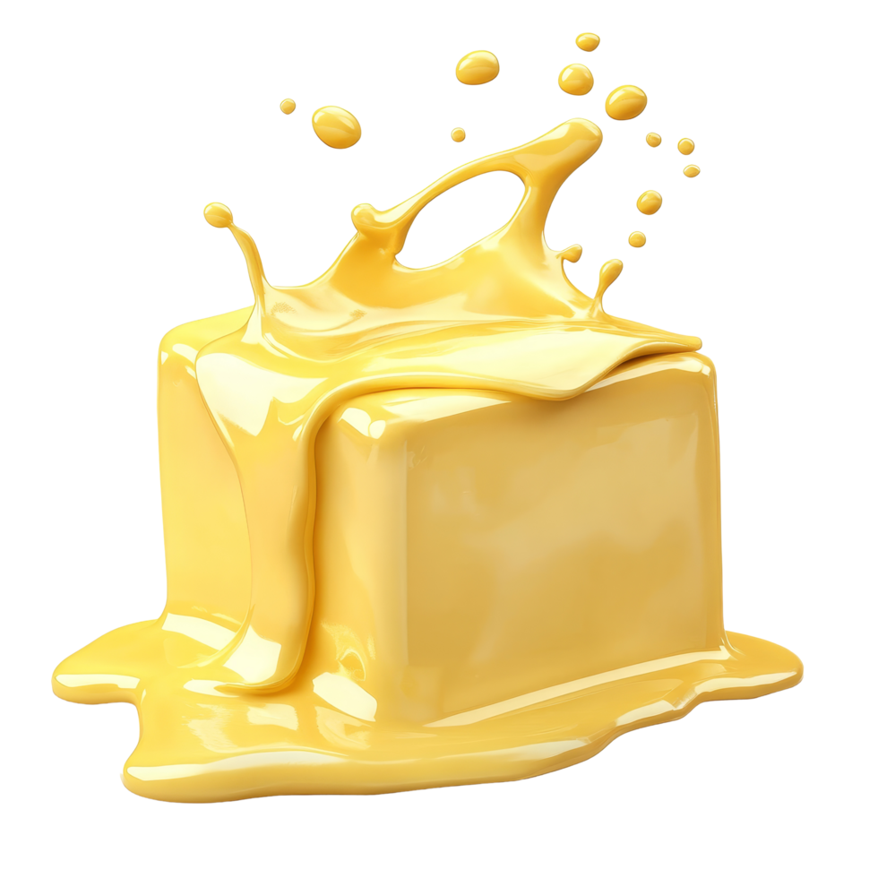 Melting cube of butter isolated on a bright surface, dripping into a smooth pool in an inviting kitchen setting, Cube butter melting isolated Stock Photo png