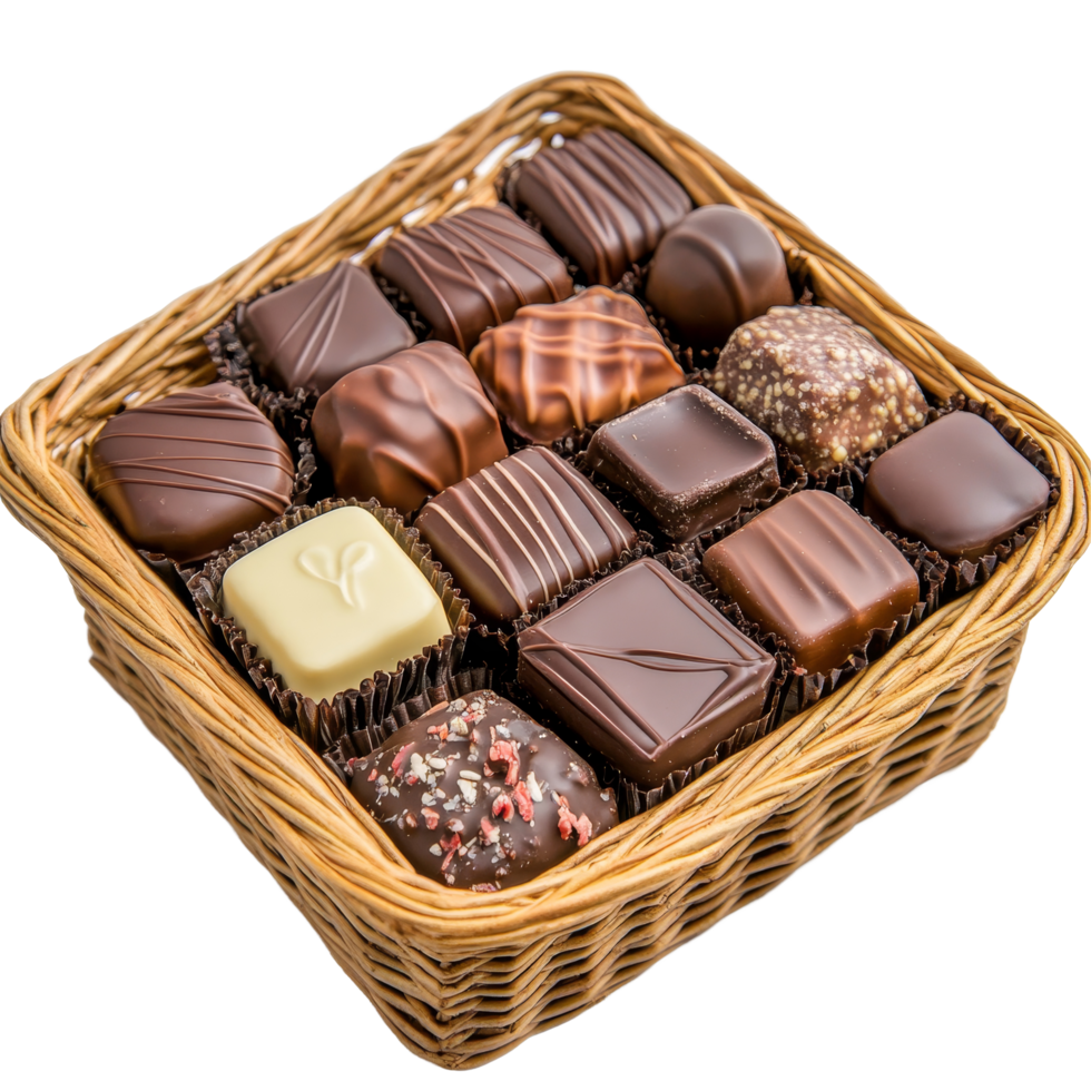 A delightful basket filled with assorted square chocolates on a clean transparent background, Basket of Square of Chocolates on transparent background png