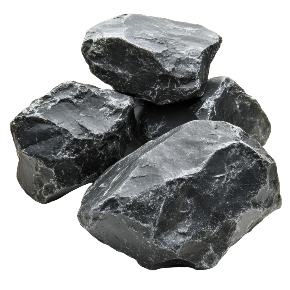Big black rocks isolated on a transparent background showcasing natural texture and form, big black rocks isolated on transparent background png