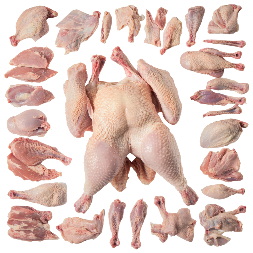 Collage of raw chicken parts arranged artistically on a clean surface for culinary preparation, whole raw chicken parts collage png