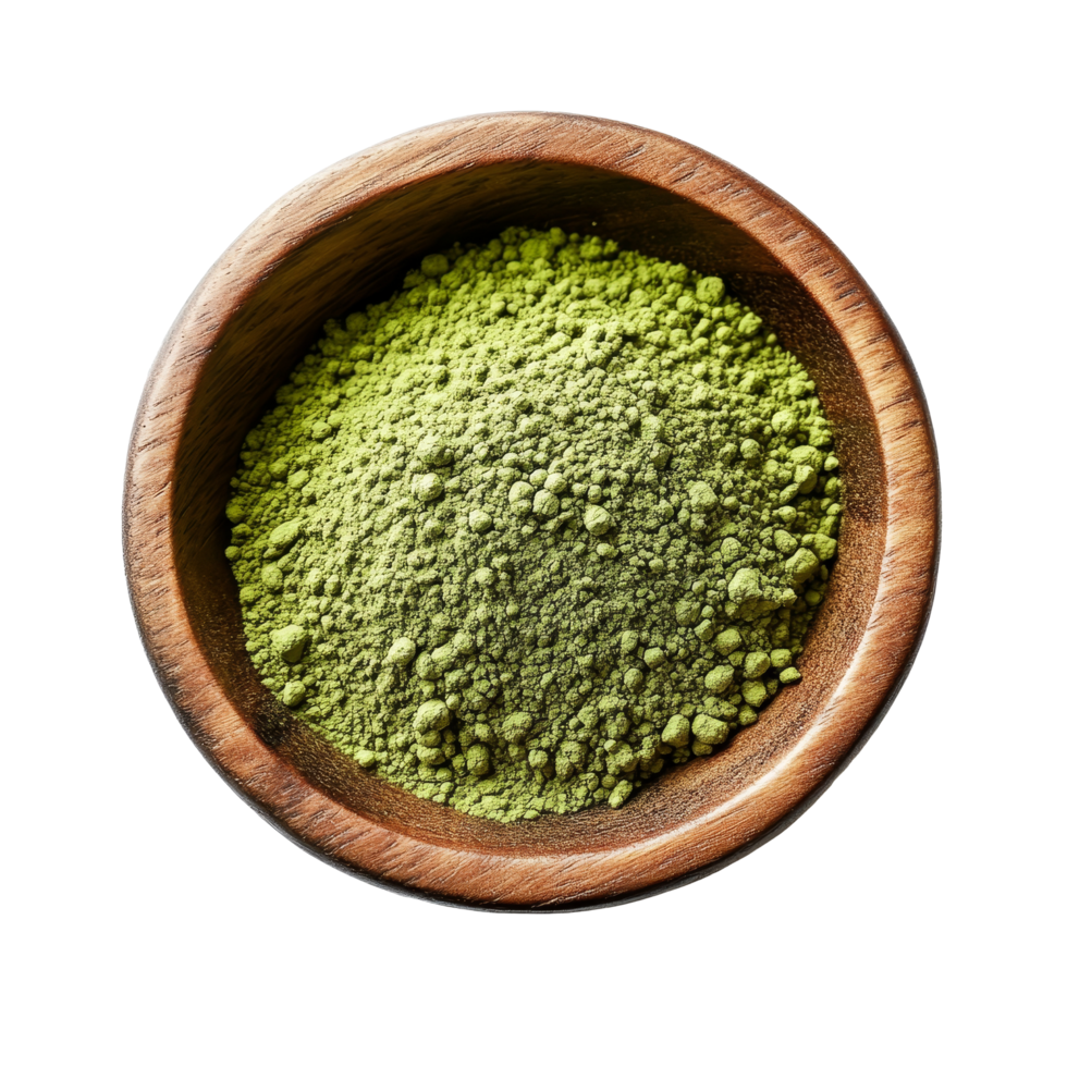 Fresh instant matcha green tea powder displayed in a wooden bowl against a clean transparent background, instant matcha green tea in wood bowl on transparent background png