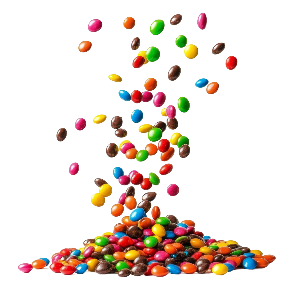 Colorful candies falling in an isolated cluster on a transparent background, creating a vibrant display of sweets, colorful candies falling isolated on transparent background png