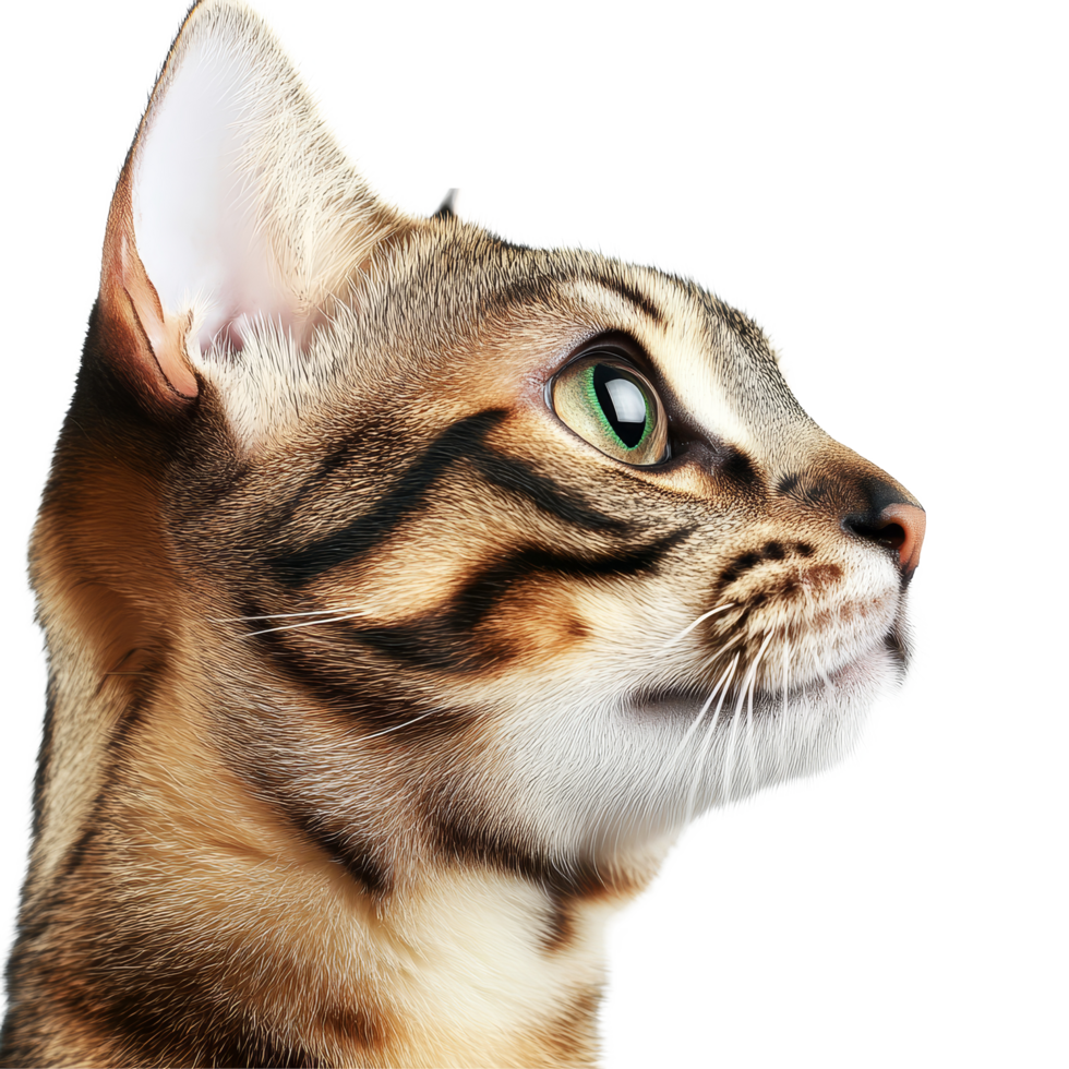 A closeup view of a bengal cats profile on a transparent background highlighting its unique features and striking green eyes, Close up bengal cat isolated on transparent background png