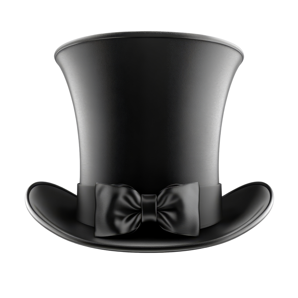 Classic black top hat with a bow tie set against a clean transparent background, perfect for elegant occasions and theatrical events, Classic black top hat isolated transparent background png