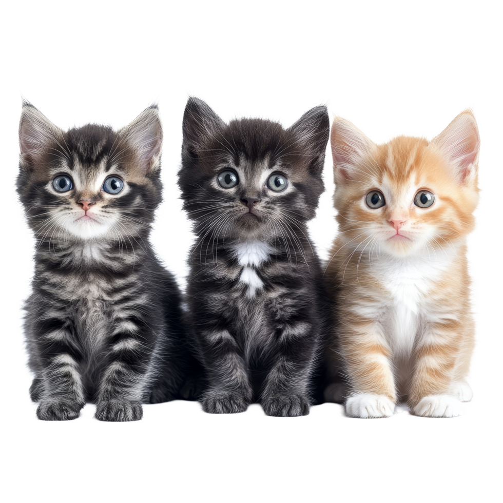 Three adorable kittens pose together against a clean transparent background showcasing their playful personalities, kittens on transparent background png