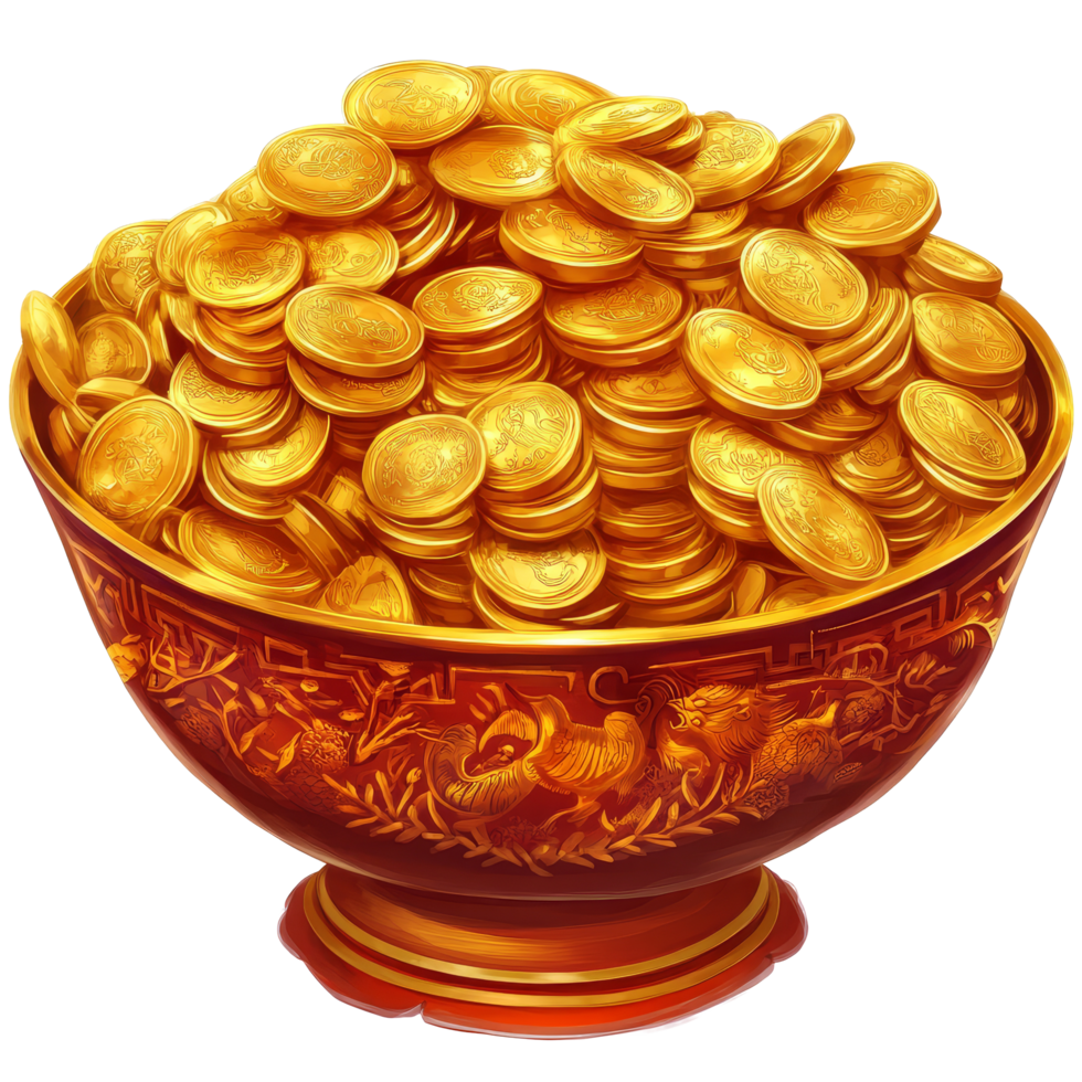 Yuan Bao Chinese gold sycee in ornate bowl filled with golden coins symbolizing wealth and prosperity, Yuan Bao Chinese gold sycee Stock Illustration png