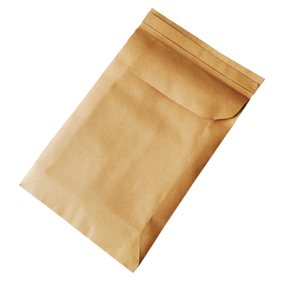 Plain brown paper packet resting on a clean transparent surface, ready for mailing or packaging use, paper packet on a transparent background png