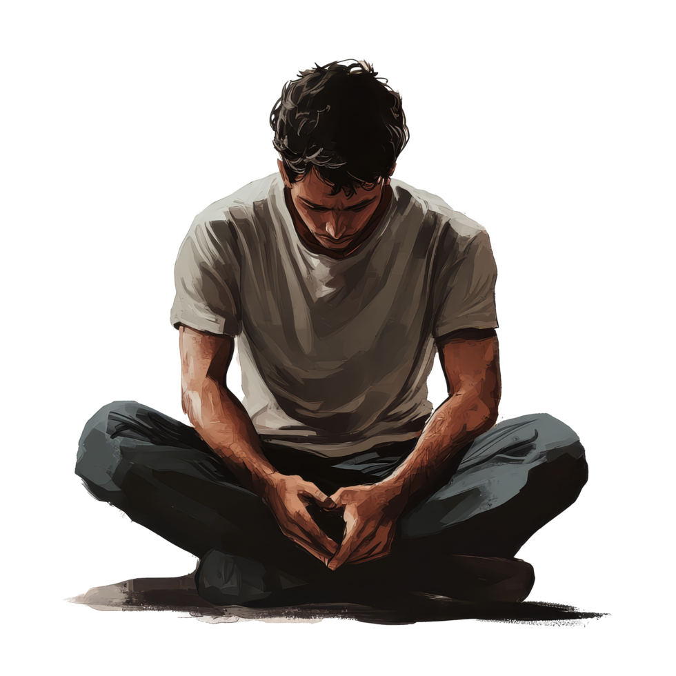 Emotional man seated with head down, expressing discomfort and introspection in a serene atmosphere, file no background Uncomfortable emotional man sitting and sweating png