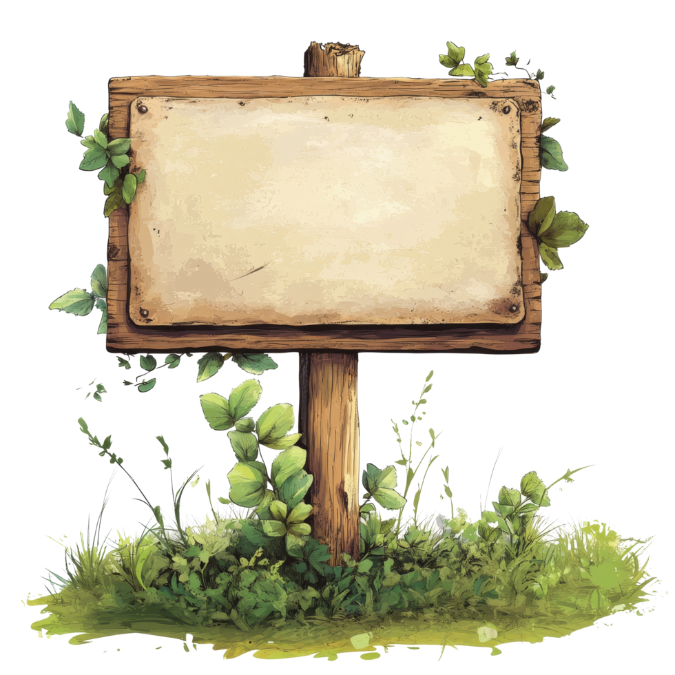 Blank wooden signpost covered in green vines in a grassy field during daylight, Blank sign Stock Illustration png