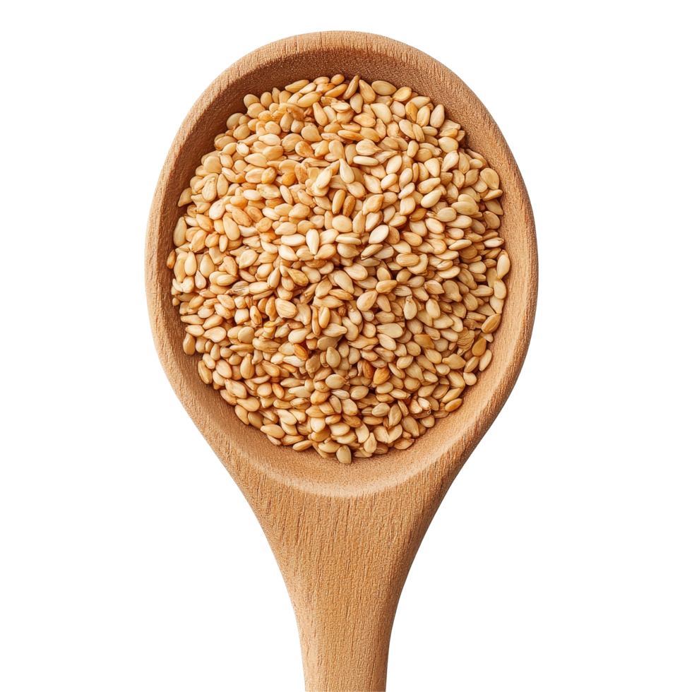 Sesame seeds in a wooden spoon on a transparent background showcasing their texture and color, Sesame seeds in a wooden spoon isolated on transparent background png