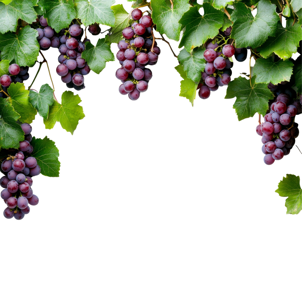 Fresh grapes hanging from a vine with lush green leaves offering a natural frame for empty space, grapes branch and leaves hanging top with copy space transparent background png