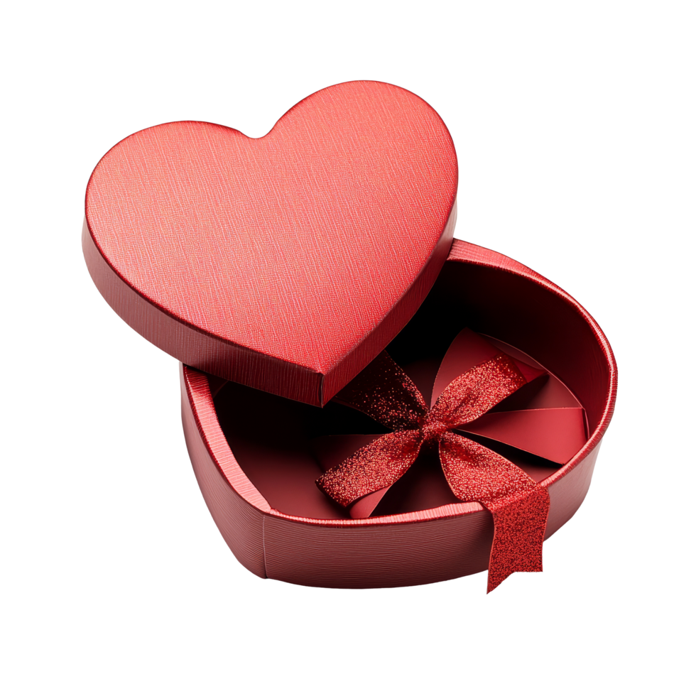 Open red heartshaped gift box revealing a decorative bow inside, isolated on a clean transparent background, Red heart shape open gift box isolated on transparent background png