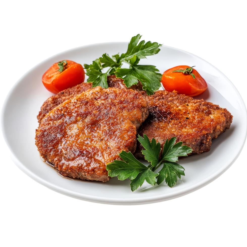 Delicious beef cutlet dish garnished with parsley and cherry tomatoes on a transparent plate, beef cutlet dish isolated on transparent background png