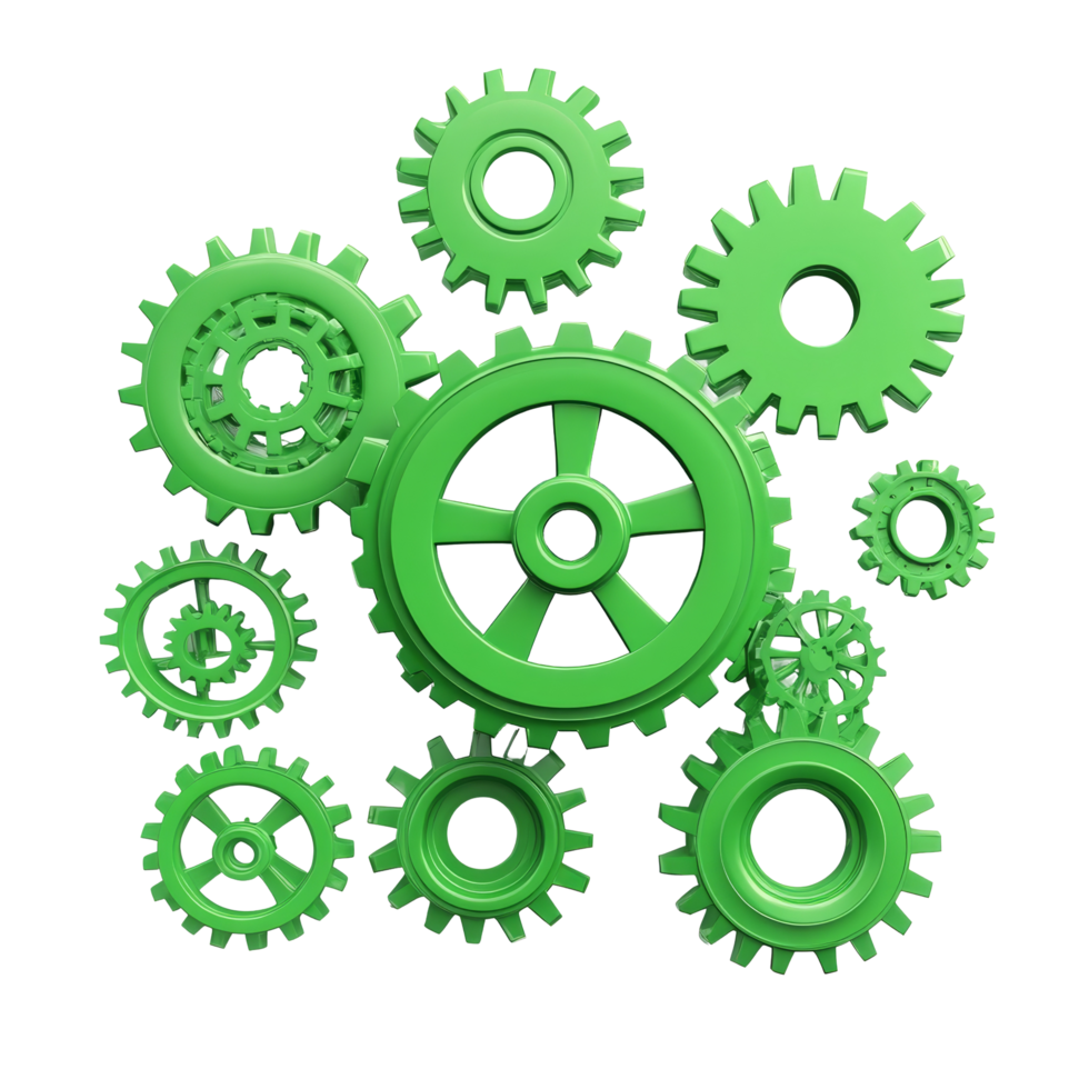 verde ingranaggi disposte nel vario dimensioni su un' piatto superficie con un' trasparente sfondo in mostra meccanico design elementi, verde ingranaggi piatto 3d isolato trasparente sfondo png