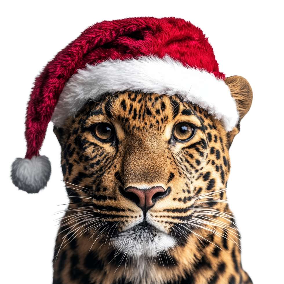 A charming leopard wearing a festive Christmas hat against a pristine transparent background, Leopard wearing a christmas hat on transparent background png