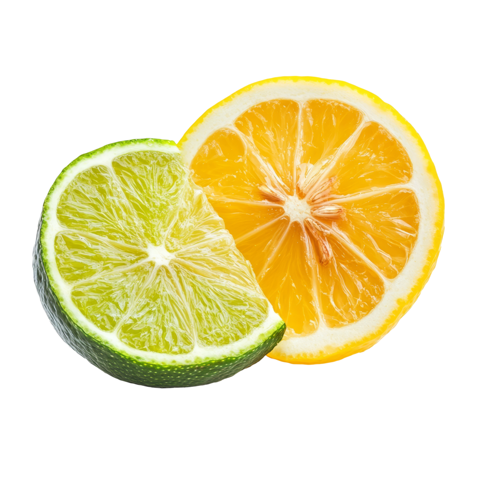 Fresh lemon and lime slices isolated on a transparent background showcasing vibrant citrus colors and textures, Slice of lemon and lime fruit isolated on transparent background png