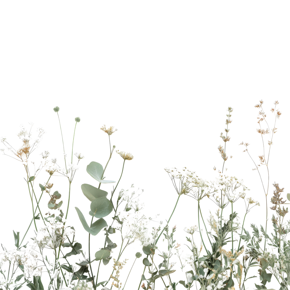 Delicate wildflowers and greenery arranged gracefully on a bright transparent background, creating a serene natural display, vegetation on transparent background png
