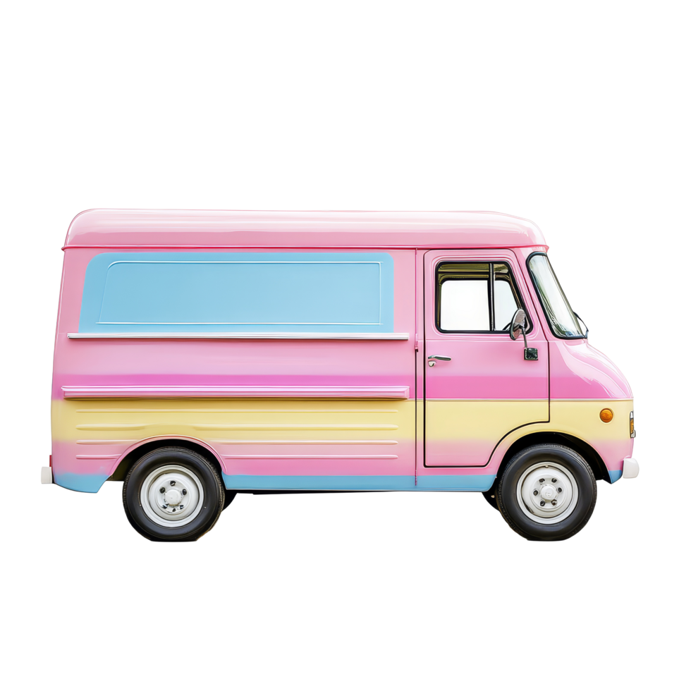 A vibrant and colorful ice cream truck parked against a plain transparent background capturing the essence of summer fun and treats, Colorful Ice Cream Truck on transparent background png