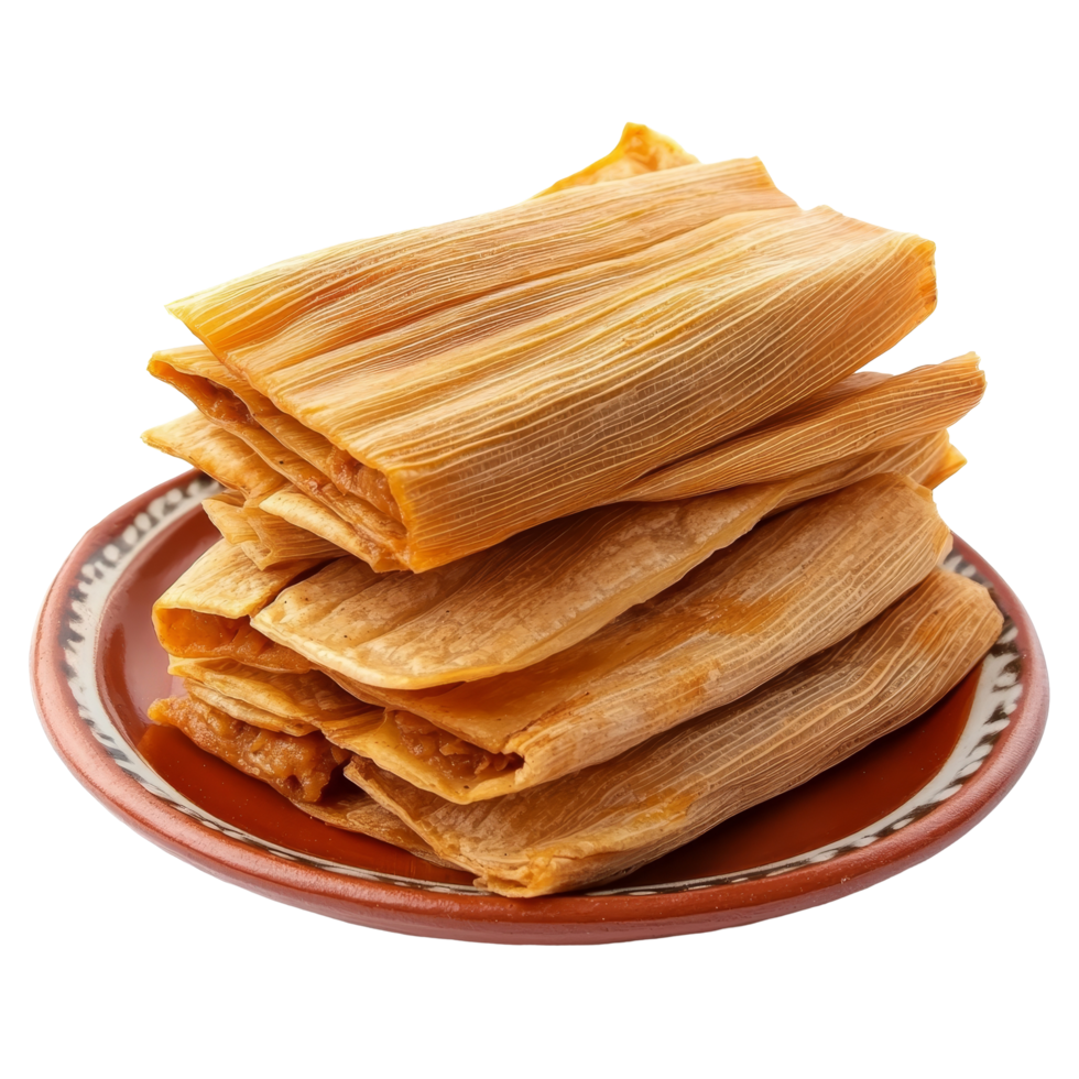 Delicious traditional Mexican tamales served on a vibrant plate stacked high for enjoyment, a stack of tamale on traditional mexican plate isolated on transparent background png