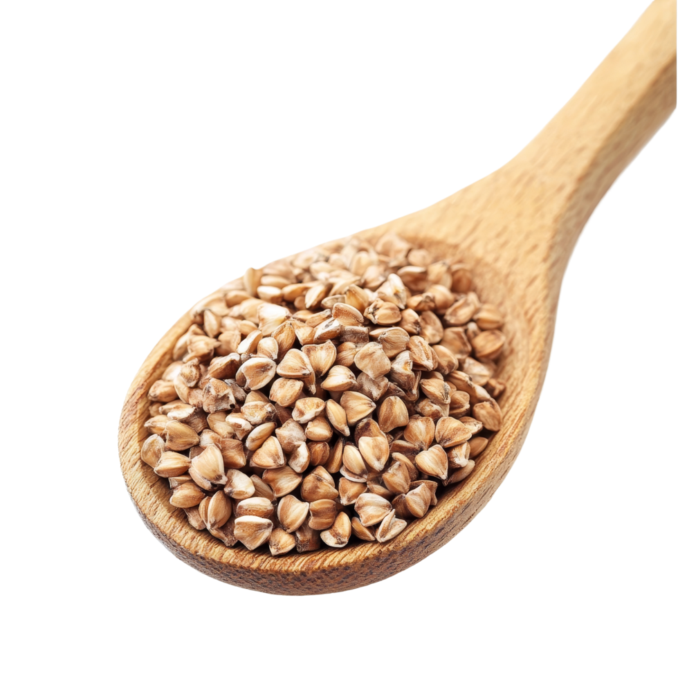 Buckwheat grains in a wooden spoon isolated on a transparent background for culinary display and nutrition focus, Buckwheat in wood spoon isolated on transparent background png