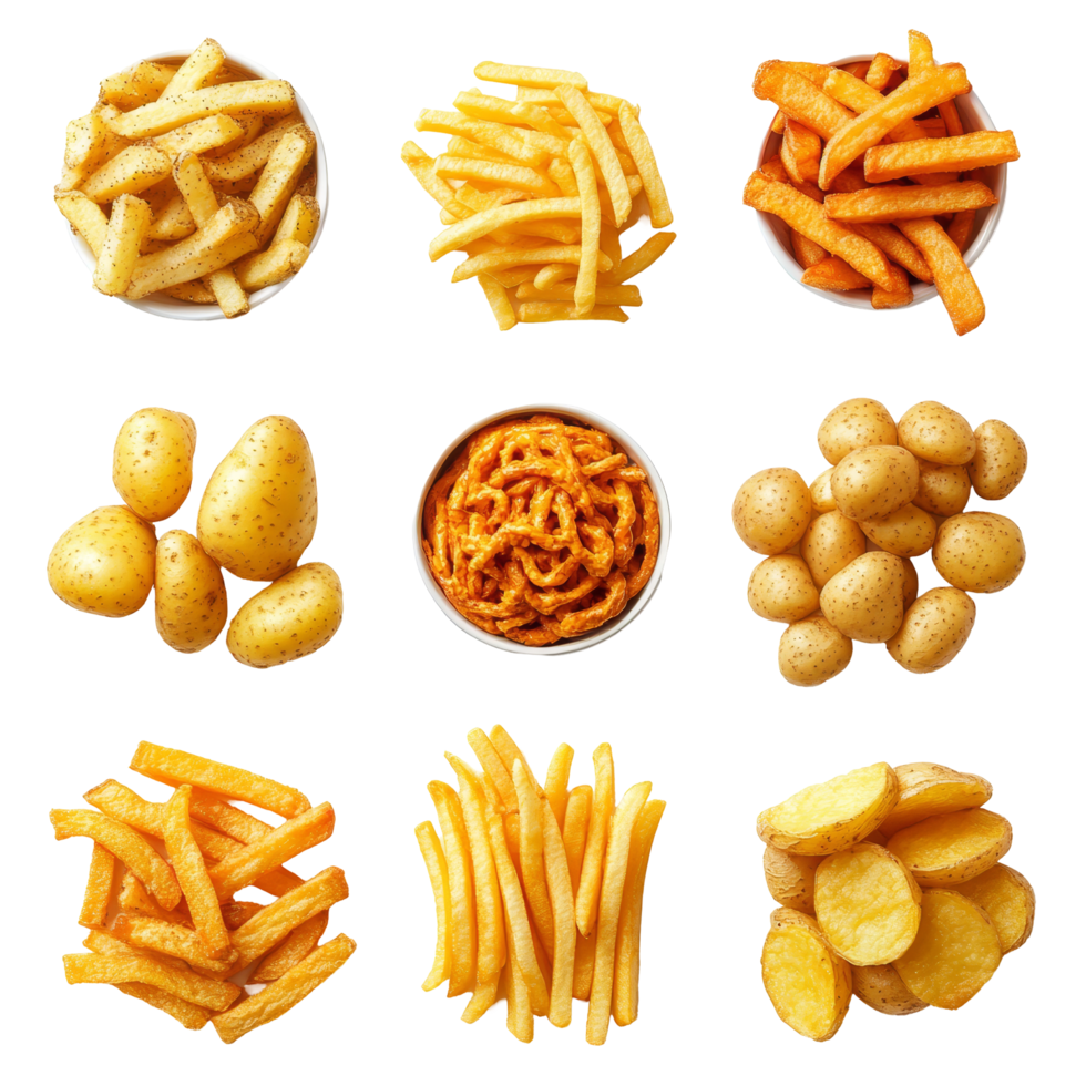 A variety of French fries presented with potato wedges and unique shapes for an appetizing display, Various French Fries Including Classic, Potato Wedges, Curly, and Spicy on transparent background png